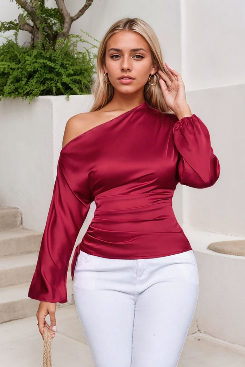 Drawstring One Shoulder Long Sleeve Blouse