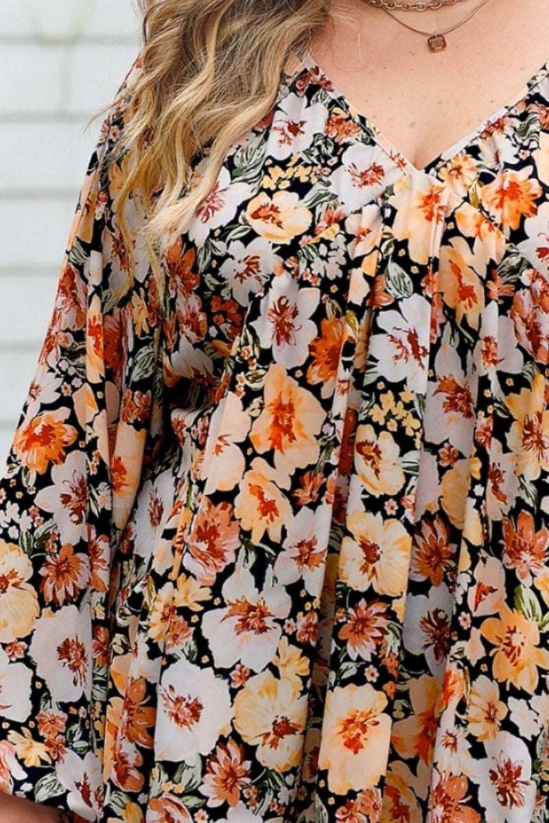 Plus Size Floral V-Neck Balloon Sleeve Blouse