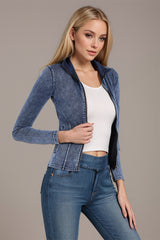 Basic Bae Pocketed Turtleneck Zip Up Denim Top