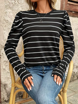 Full Size Striped Round Neck Puff Sleeve T-Shirt