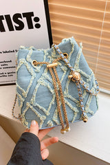 Chain Drawstring Raw Edge Denim Bucket Bag