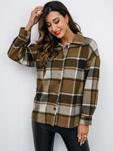 Shiny Plaid Button Up Collared Neck Jacket