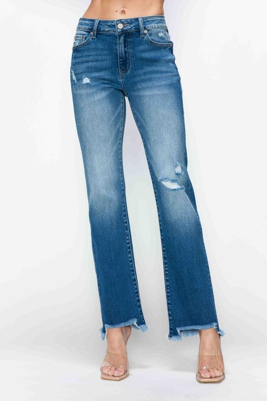 bytos Full Size Raw Hem Distressed Mid Rise Straight Jeans