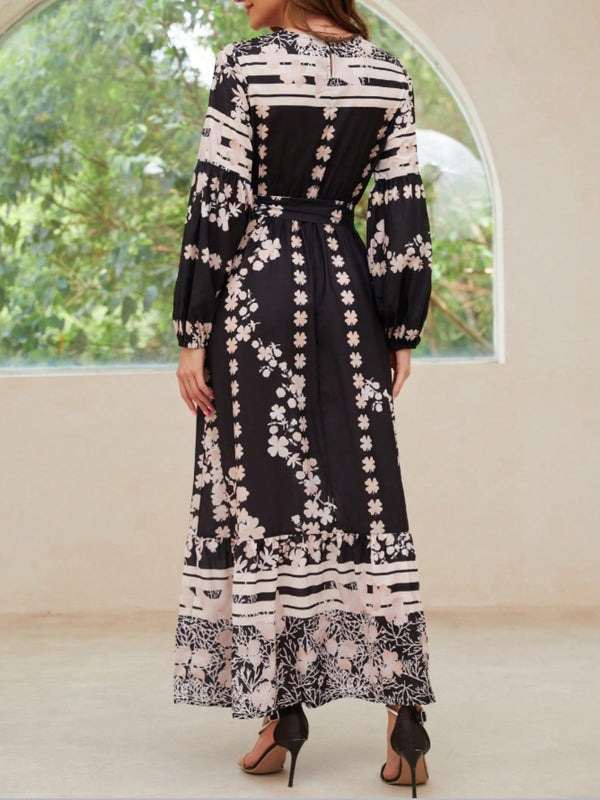 Printed Round Neck Long Sleeve Maxi Dress with Pockets