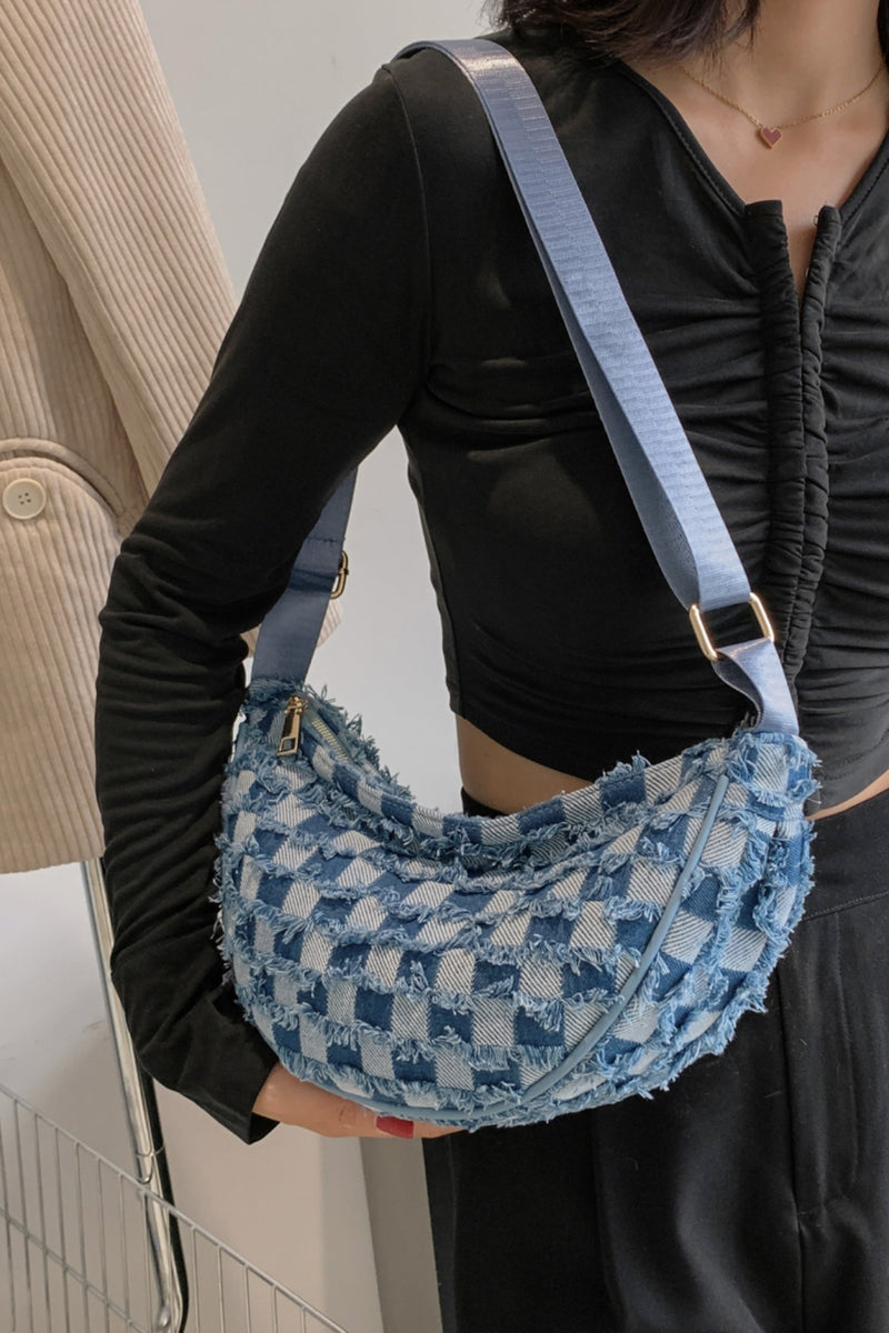 Raw Hem Checkered Denim Crossbody Bag