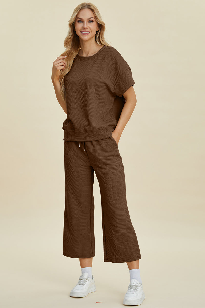 Double Take Full Size Texture Round Neck Top and Pants Set