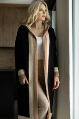 Pocketed Contrast Long Sleeve Hooded Cardigan