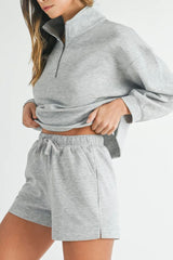 Half Zip Long Sleeve Top and Drawstring Shorts Set