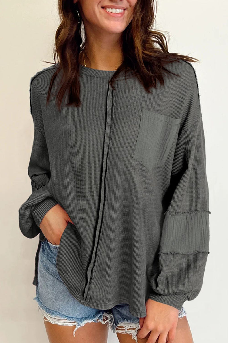 Exposed Seam Round Neck Long Sleeve Sweatshirt