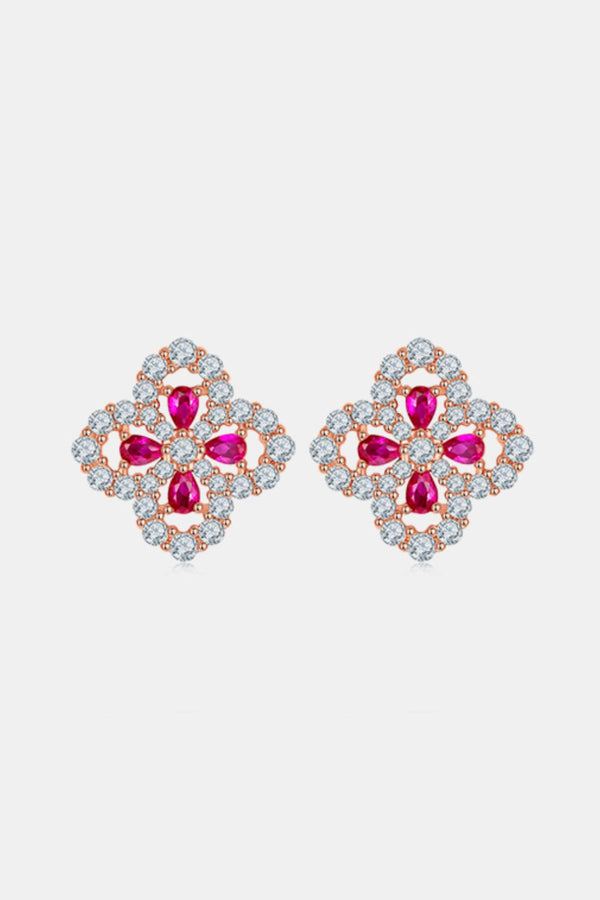 925 Sterling Silver Lab-Grown Ruby Flower Shape Stud Earrings