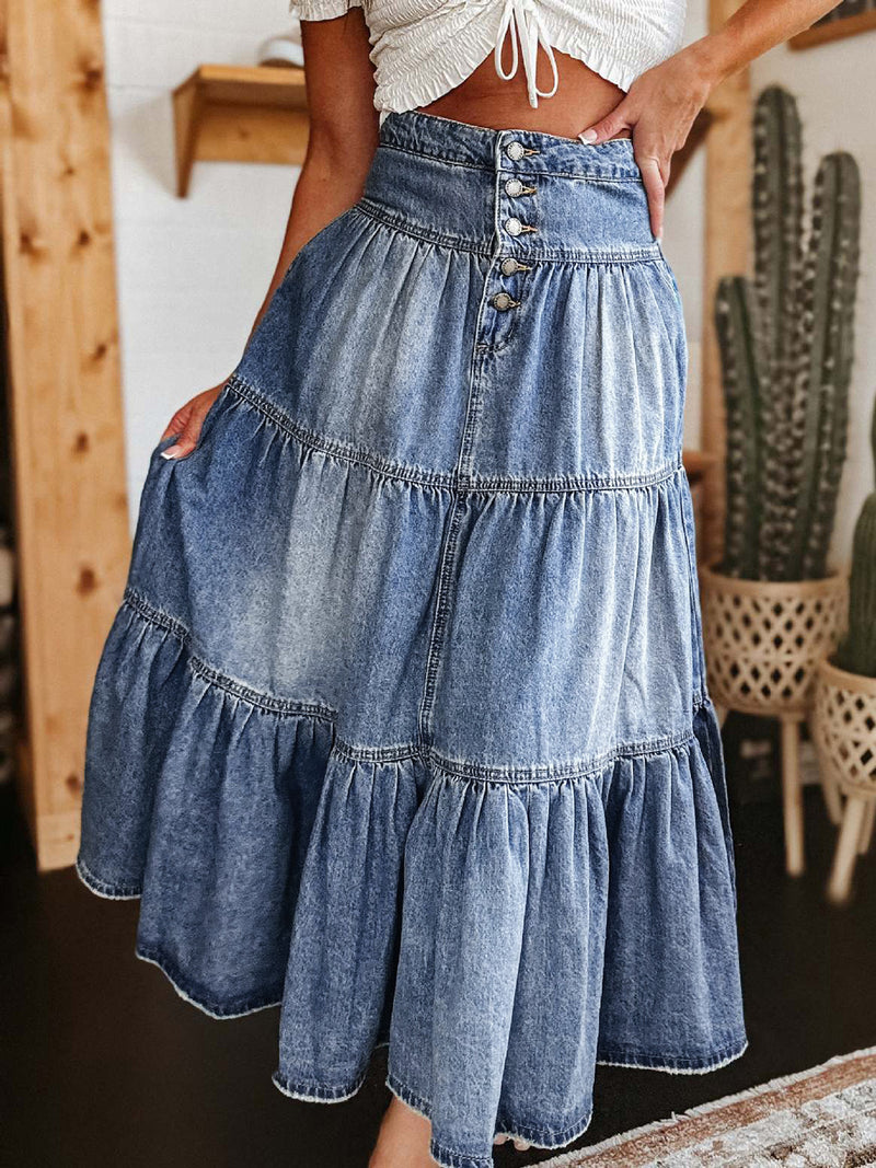 Tiered Button-Fly Denim Skirt