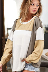 Exposed Seam Contrast Round Neck Long Sleeve Top