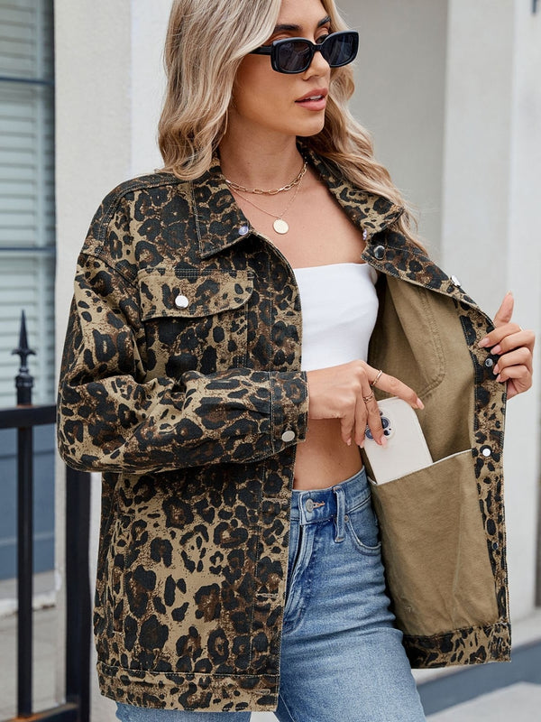 Pocketed Leopard Long Sleeve Denim Jacket