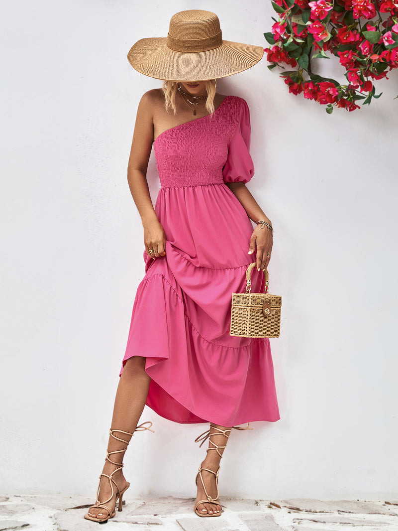 Smocked One-Shoulder Midi Dress