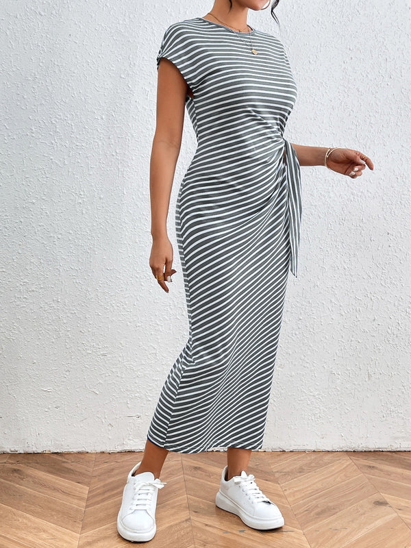 Honey Tied Striped Round Neck Short Sleeve Tee Dress