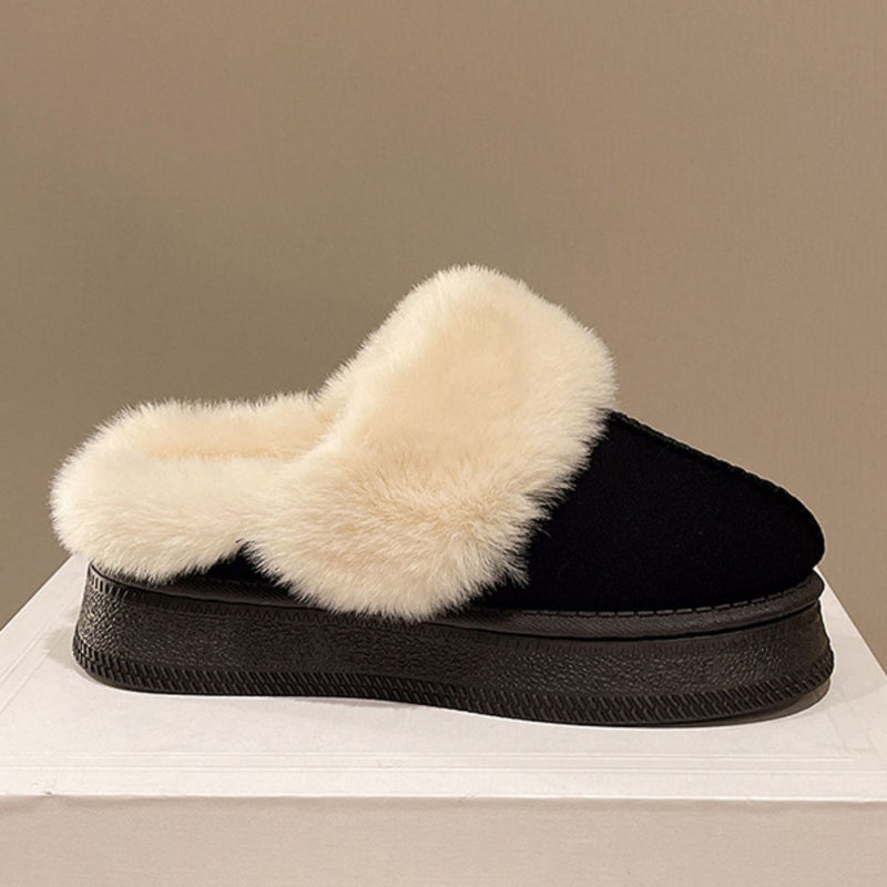 Suede Faux Fur Round Toe Platform Slippers