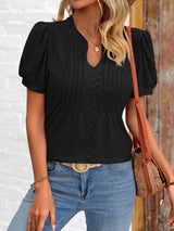 Eyelet Notched Puff Sleeve T-Shirt