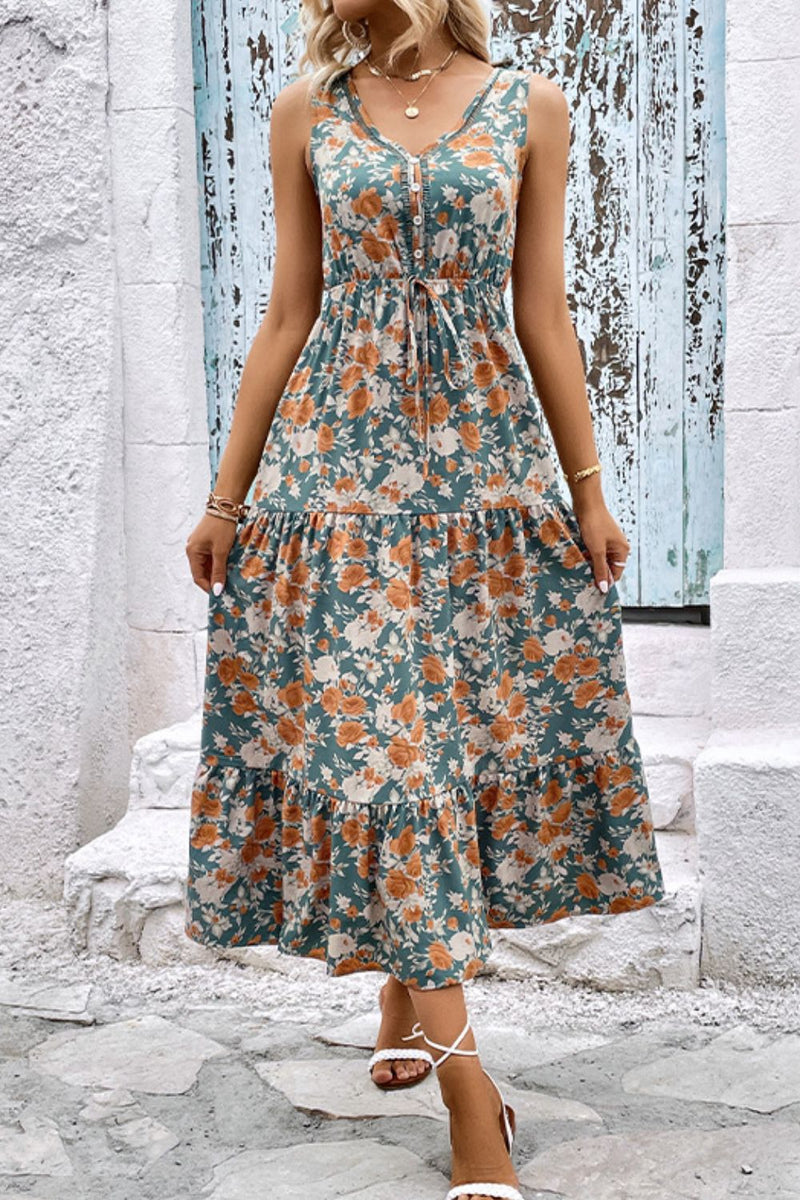 Perfee Floral V-Neck Tiered Sleeveless Dress