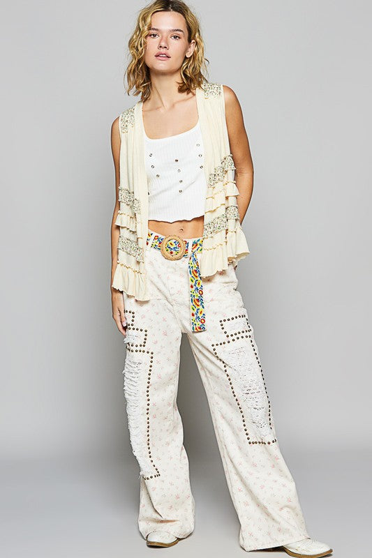 POL Ruffled Open Front Sleeveless Cardigan