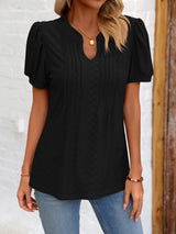 Eyelet Notched Puff Sleeve T-Shirt