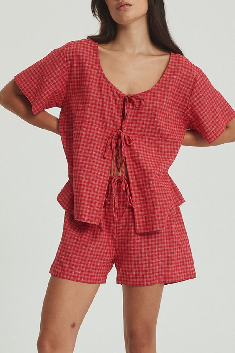 Plaid Tied Scoop Neck Short Sleeve Top and Drawstring Shorts Set