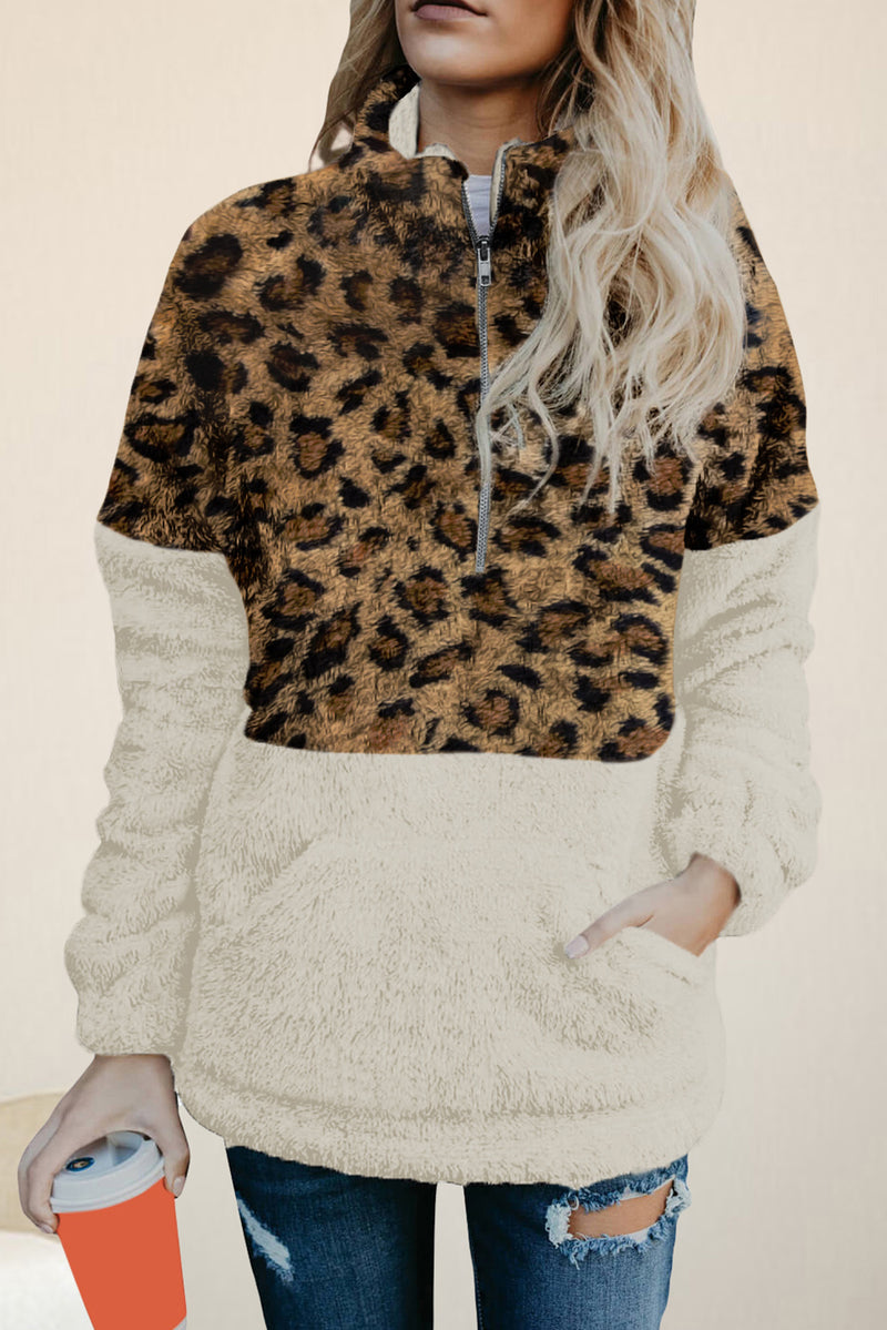 Color Block Half Zip Long Sleeve Fuzzy Sweatshirt