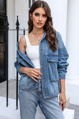 Button Up Dropped Shoulder Denim Jacket with Pockets