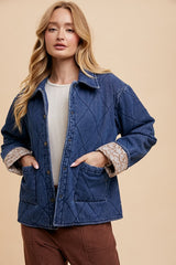 Annie Wear Quilted Printed Lining Snap Down Denim Jacket