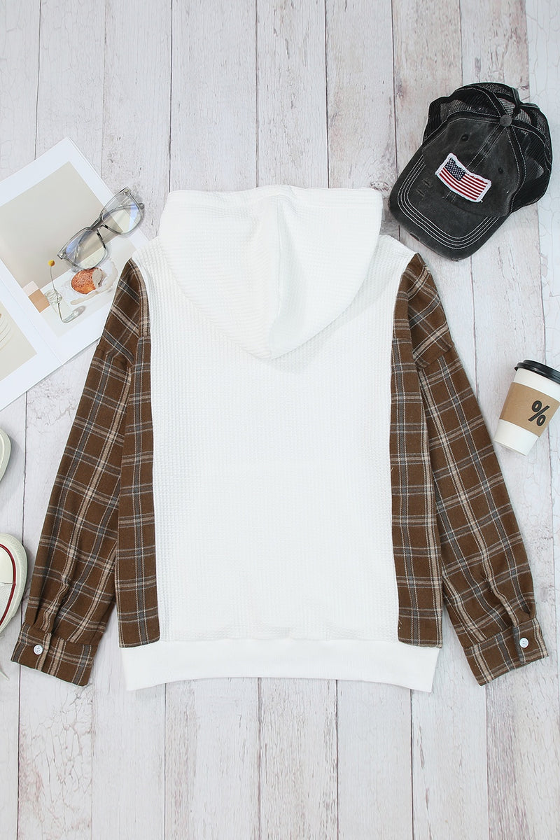 Plaid Waffle-Knit Drawstring Kangaroo Pocket Hoodie