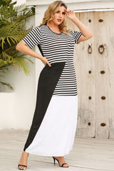 Plus Size Striped Color Block Round Neck Dress