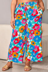 Plus Size Floral Drawstring Wide Leg Pants with Pockets