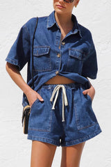 Collared Neck Button Up Top and Shorts Denim Set