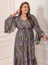 Plus Size Printed V-Neck Long Sleeve Maxi Dress