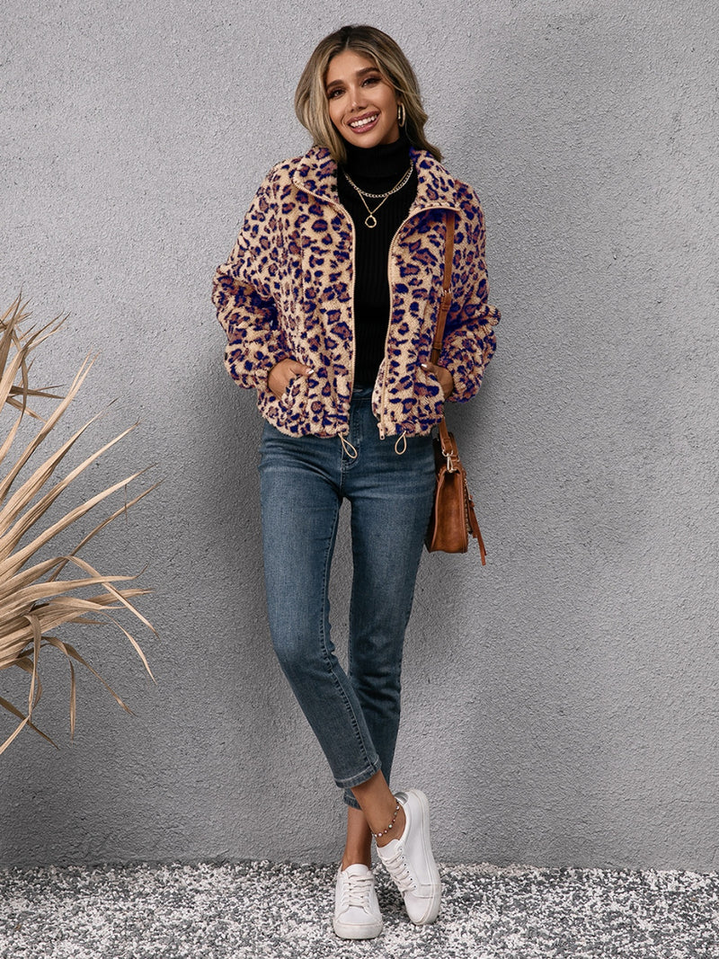 Ivy Lane Drawstring Leopard Zip Up Jacket