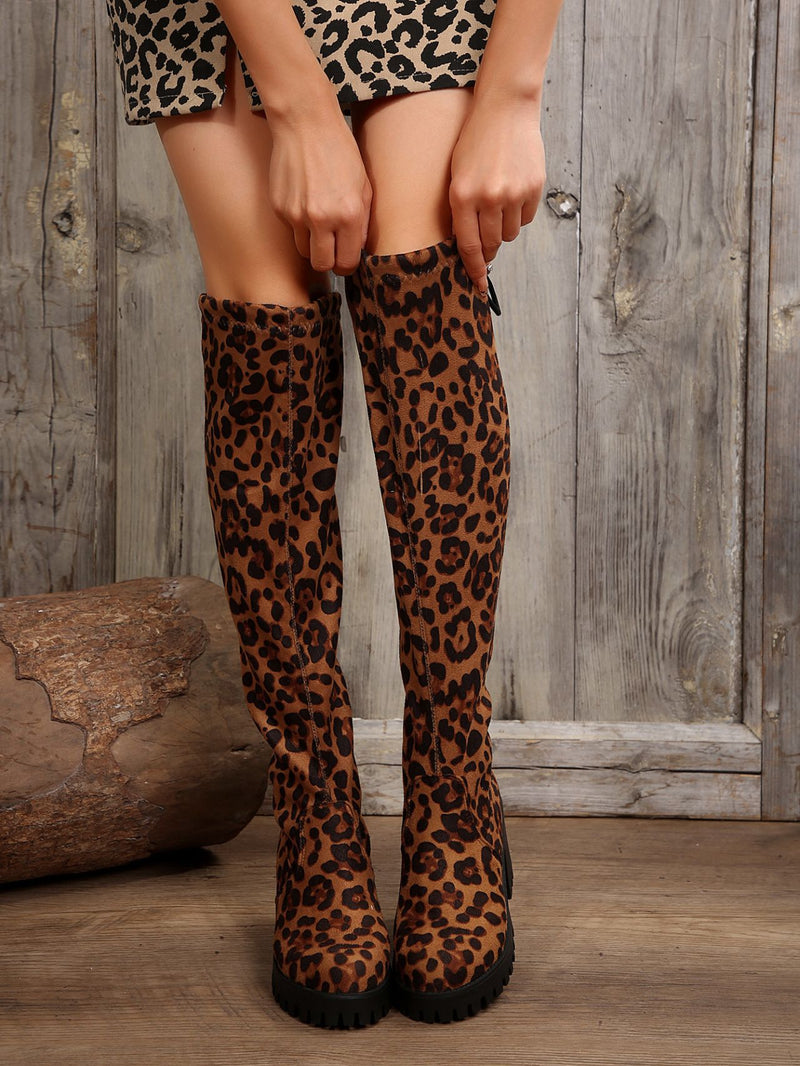 Leopard Round Toe Block Heel Boots