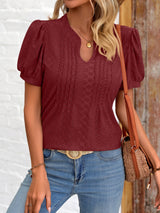 Eyelet Notched Puff Sleeve T-Shirt