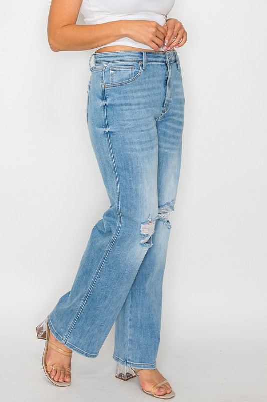 bytos Full Size Distressed High Rise Straight Jeans