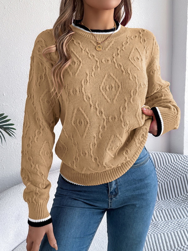 Contrast Trim Round Neck Long Sleeve Sweater