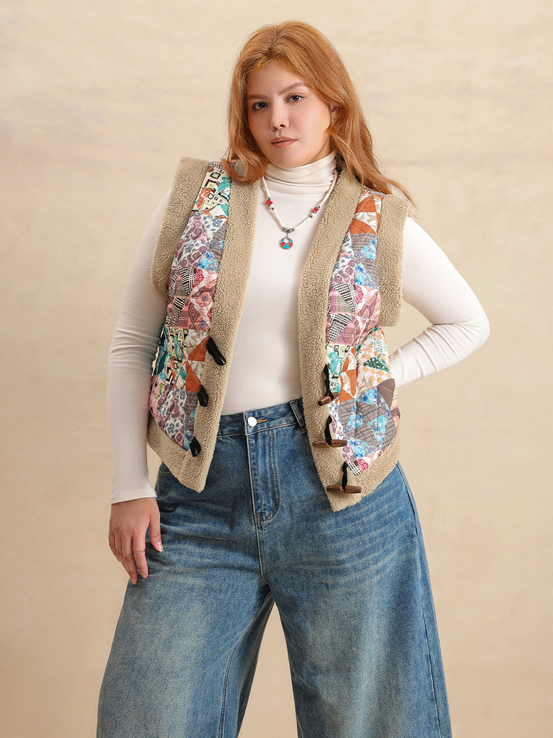 Plus Size Printed Sherpa Vest Coat