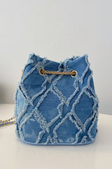 Chain Drawstring Raw Edge Denim Bucket Bag