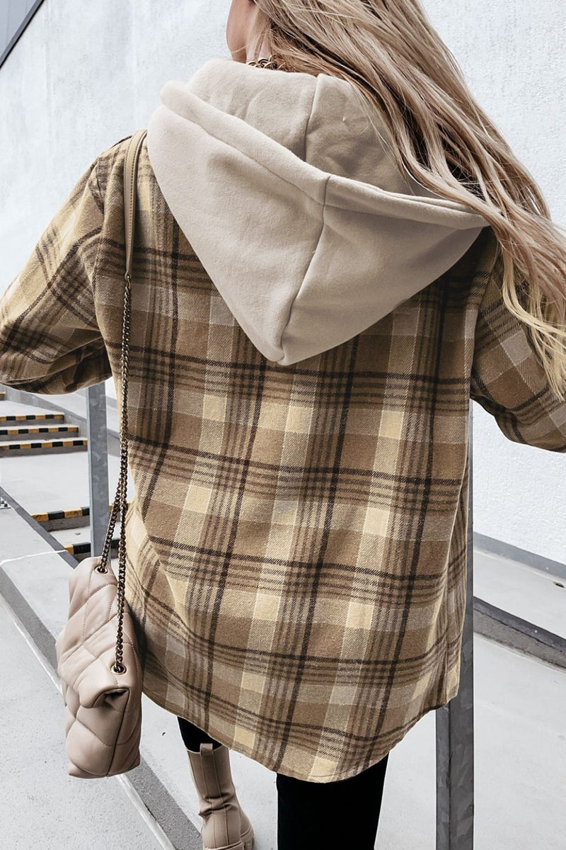 Plaid Button Up Long Sleeve Hooded Jacket