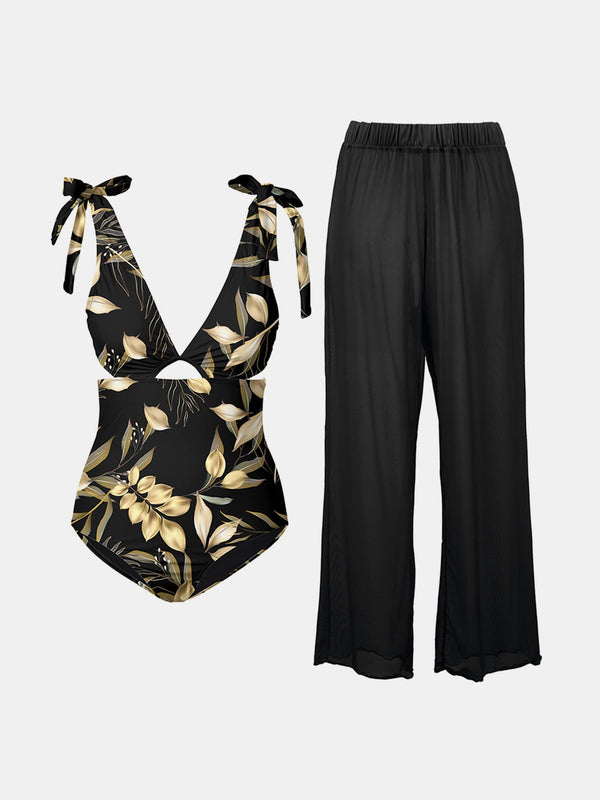 FAM-FAM Cutout Tied Bodysuit and Pants Swim Set