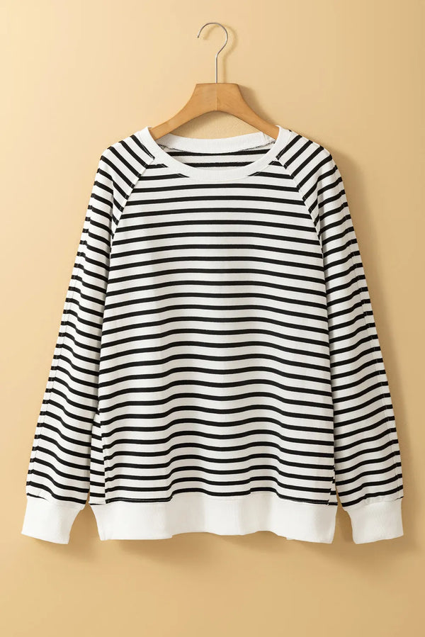 Slit Striped Round Neck Long Sleeve Sweatshirt