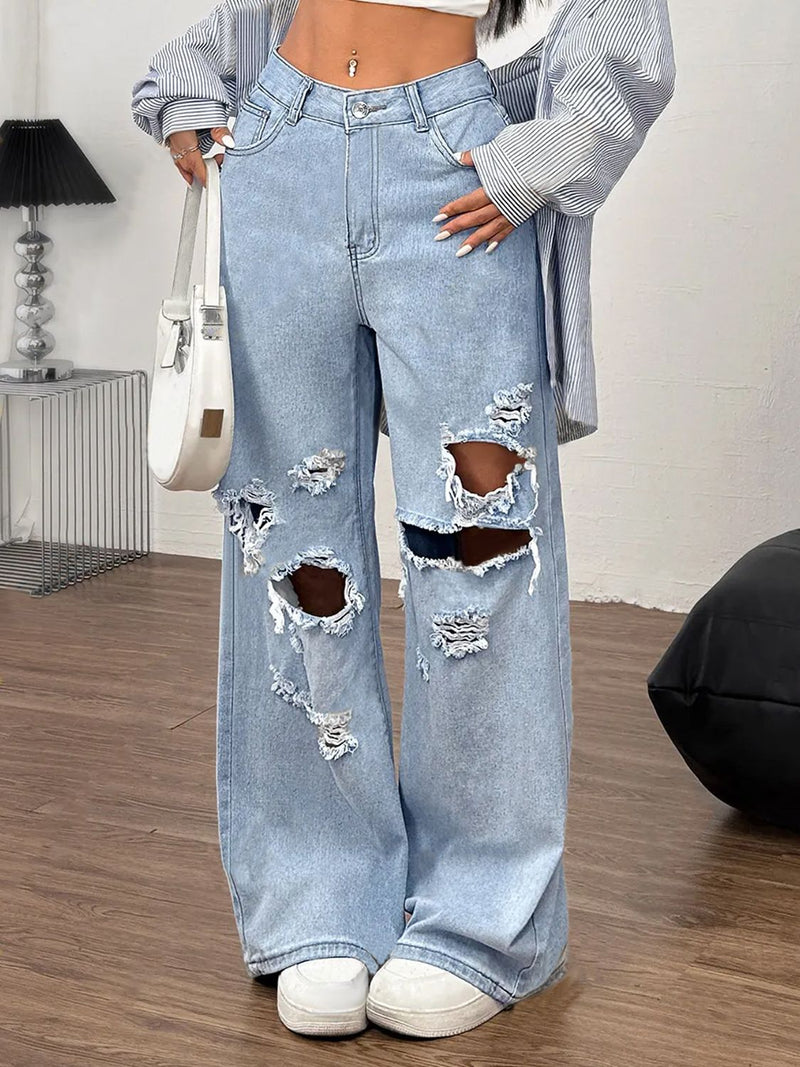 Distressed Wide Leg Jeans with Pockets