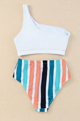 Striped One Shoulder Two-Piece Swim Set