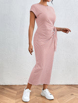 Honey Tied Striped Round Neck Short Sleeve Tee Dress