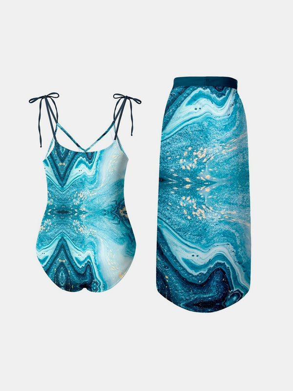 FAM-FAM Printed Tie Shoulder Swimwear and Skirt Swim Set