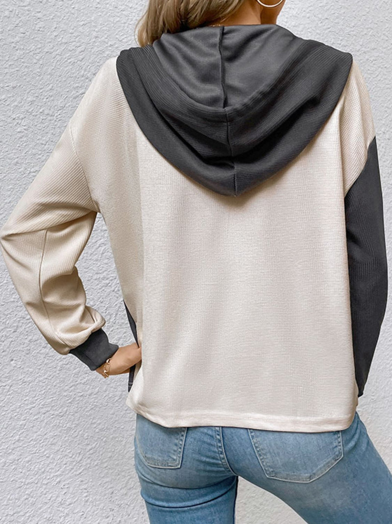 Perfee Contrast Color Button-Up Raglan Sleeve Hoodie