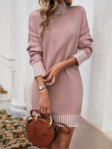 Devine Striped Mock Neck Long Sleeve Sweater Dress