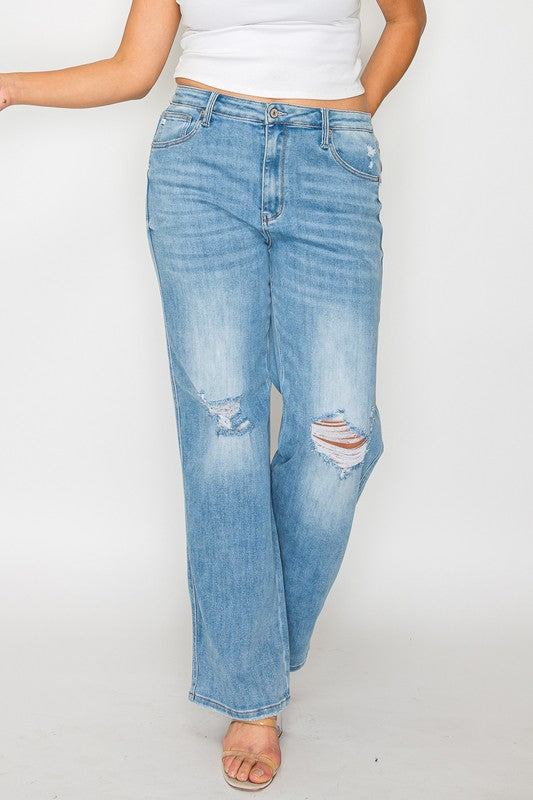 bytos Full Size Distressed High Rise Straight Jeans